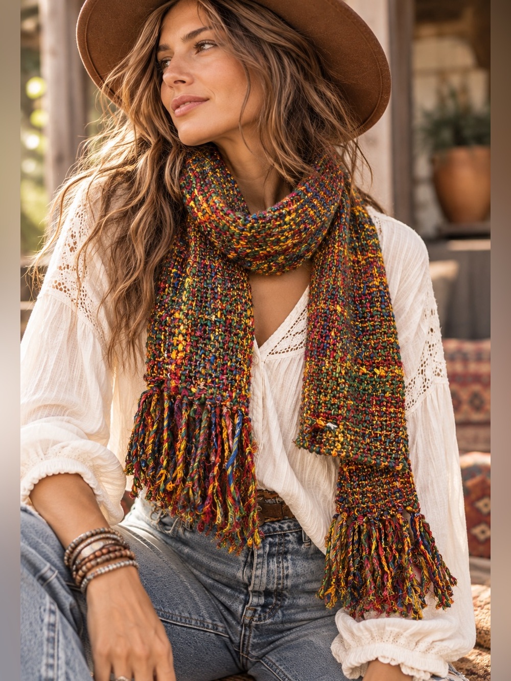 Ten Thousand Villages Scarf Womens Multicolor Textured Knit Fringe Boho